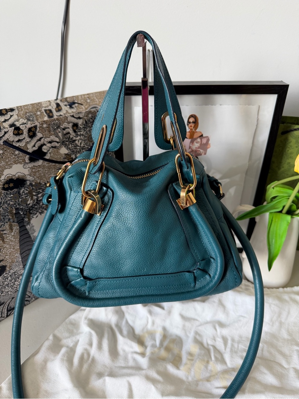 Chloé Paraty Small Satchel Teal Pebbled Leather Gold Hardware COA Dust Bag